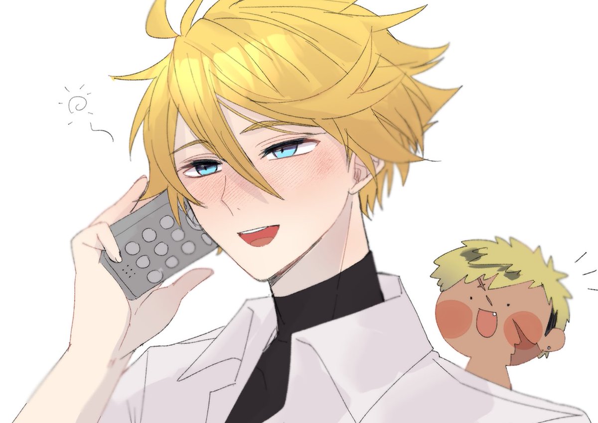 blonde hair male focus blue eyes phone holding phone shirt blush  illustration images