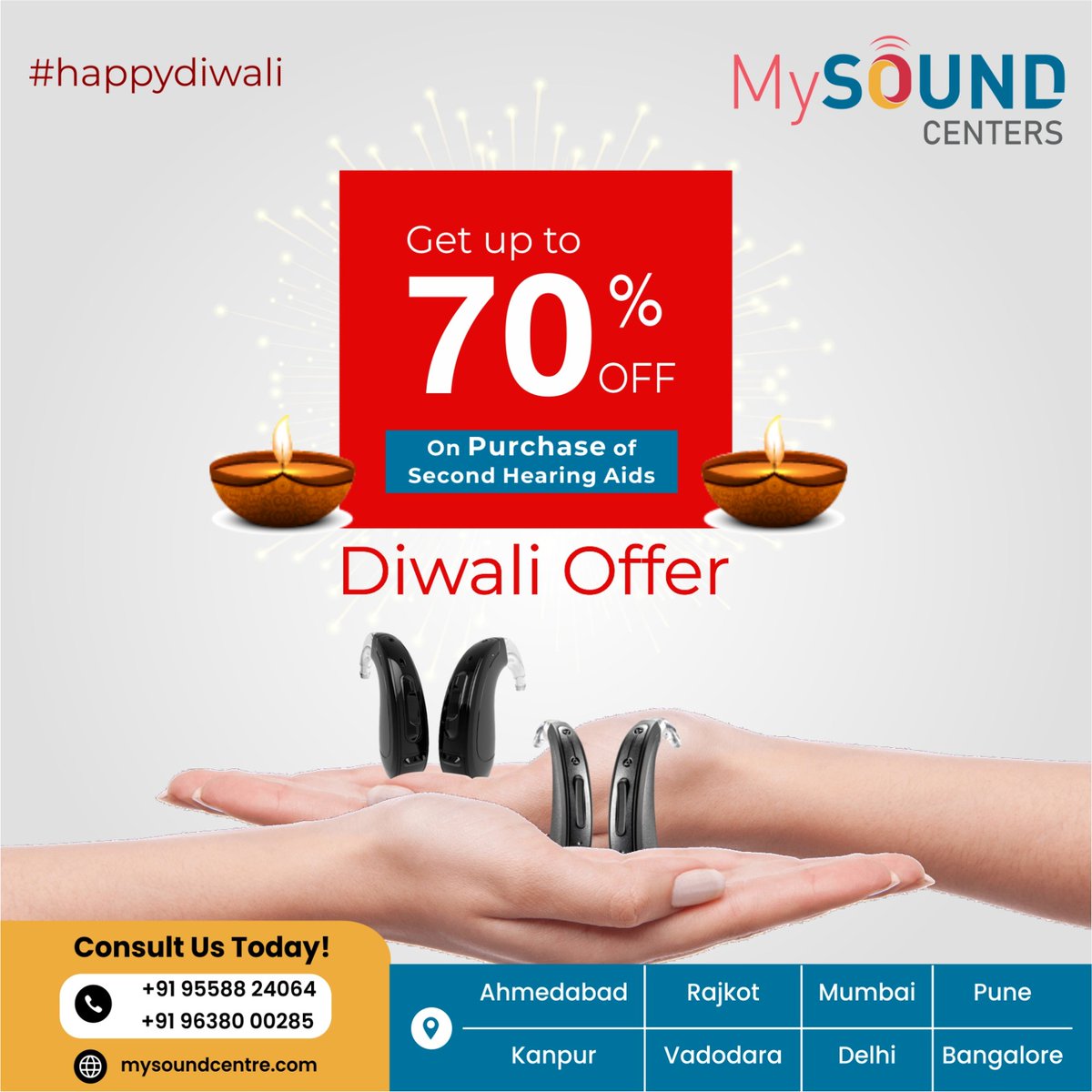 mysoundcenters's tweet photo. On the occasion of Diwali we are offering up to 70% Off on the Purchase of Second Hearing Aid.

Call for appointment : +91 95588 24064

#mysoundcenters #salesalesale #tinnitus #ringing #discountsale #offersonhearingaids #hearingaidsale #happydiwali2023 #diwalioffer https://t.co/CdgB6D6pNr