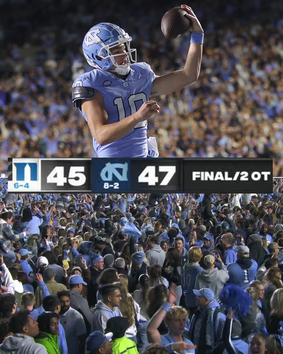 accnetwork's tweet photo. THE BELL STAYS IN CHAPEL HILL 🔔

WHAT A WIN FOR @UNCFOOTBALL ‼️ https://t.co/m5YjET03Qe
