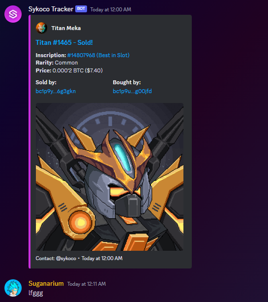 📢 Exciting News!

We're thrilled to announce that @Titan_Meka has integrated our sales bot into their Discord 💎

And now they see thier recursive NFTs even in the Discord

Shout-out to the GOAT <a href="/suganarium/">sugaR 🍬</a> for trust and patience! 🦾