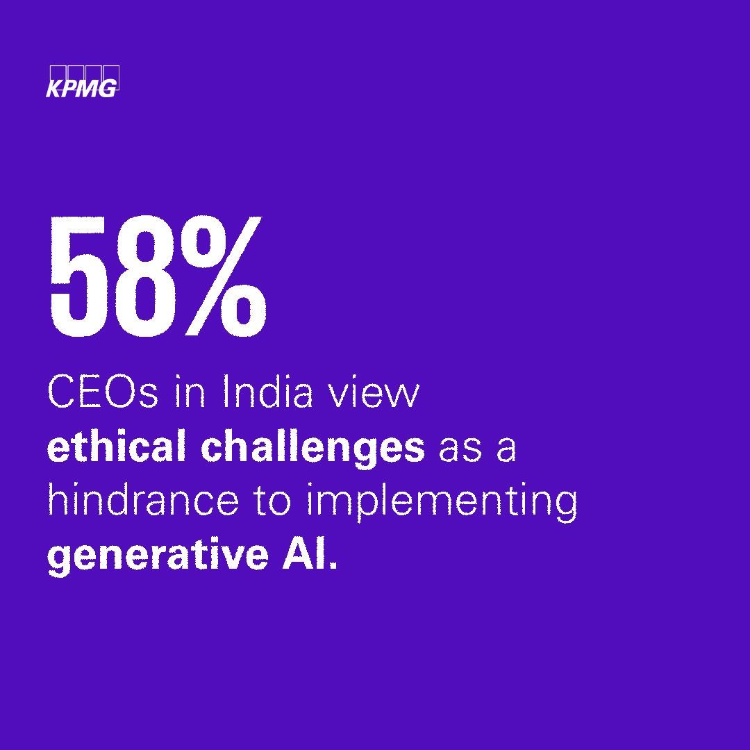 KPMGIndia's tweet photo. CEOs in India are worried about the potential risks #generativeAI could introduce and the #ethicalissues that may arise with the use of the #technology. More insights in the KPMG 2023 India #CEOOutlook https://t.co/7JWQhwYgCD https://t.co/bZyXzoYPsX