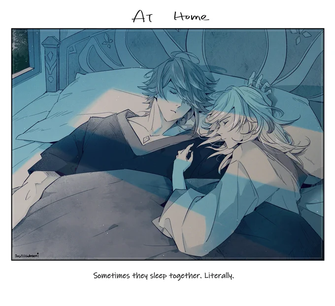 #haikaveh #アルカヴェ 
At home. After Kaveh works late and so exhausted he sometimes walks to wrong room and sleep. Alhaitham has no problem with this. It is much better than making noise. (And Alhaitham can tease him in the very beginning of the day, how delitghtful!) 
