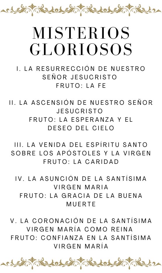 Comunidad católica de “X”, les comparto estas fichas con los misterios del Rosario y los frutos de cada misterio. 

No incluí los Misterios Luminosos porque tomé la información de un viejo misal que no los incluye (y no los investigué 🫠).