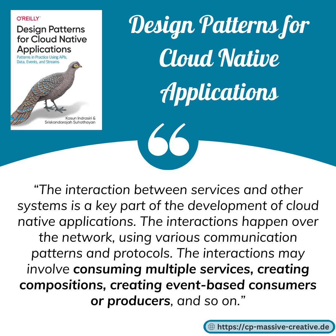 cpmassivepro's tweet image. The interactions between services and other systems happen over the #network, using various #communicationpatterns and #protocols. The interactions may involve consuming multiple services, creating compositions, creating #eventbased consumers or producers, and so on. #cloudnative