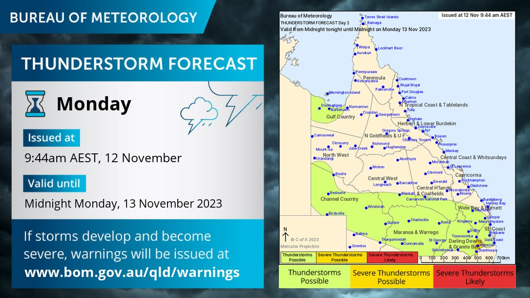 ⛈️QLD Storm Forecast for Mon 13/11. Storms are possible across southern QLD, the Gulf Country, and SEQld away from the coast tomorrow. Severe storms with damaging winds and large hail are possible about the southern Darling Downs and Granite Belt.