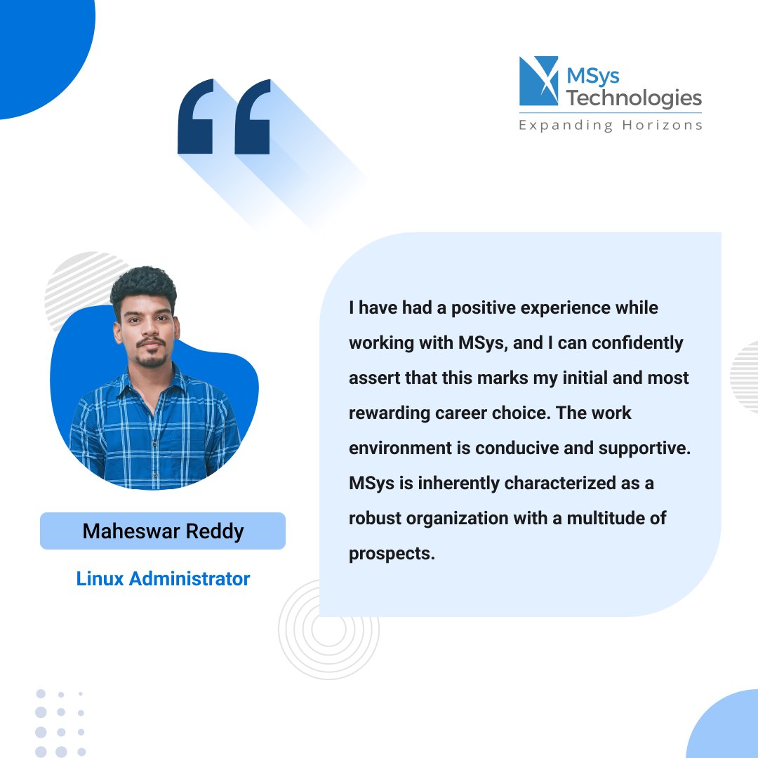 AziroTech's tweet photo. Discover how our employees' journeys reflect the heart and soul of our vibrant workplace culture.
Join us in celebrating the power of collaboration, growth, and genuine camaraderie.
#EmployeeFeedback #LifeatMSys #EmployeeTestimonial https://t.co/Ya0rCfLDHo