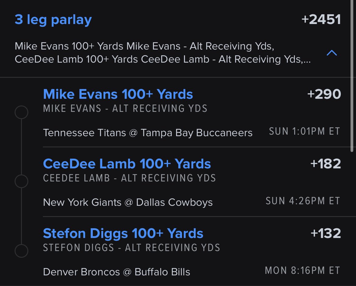 BackDoorProps's tweet photo. 🧪WR Yards Lotto (+2451)

💎(TB) Mike Evans 100+ Yards
💎(DAL) CeeDee Lamb 100+ Yards
💎(BUF) Stefon Diggs 100+ Yards

#GamblingX #NFL https://t.co/xTqcWeR3xb