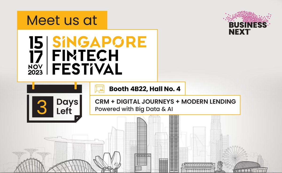Just 3 more days until the Singapore Fintech Festival 2023 kicks off!
Explore the future of #banking with our experts as they unveil the capabilities of #Digital Journeys, #CRM, Modern #Lending, &amp; #AI on a unified platform.
Meet us at Booth 4B22 in Hall 4 from Nov. 15th–17th!