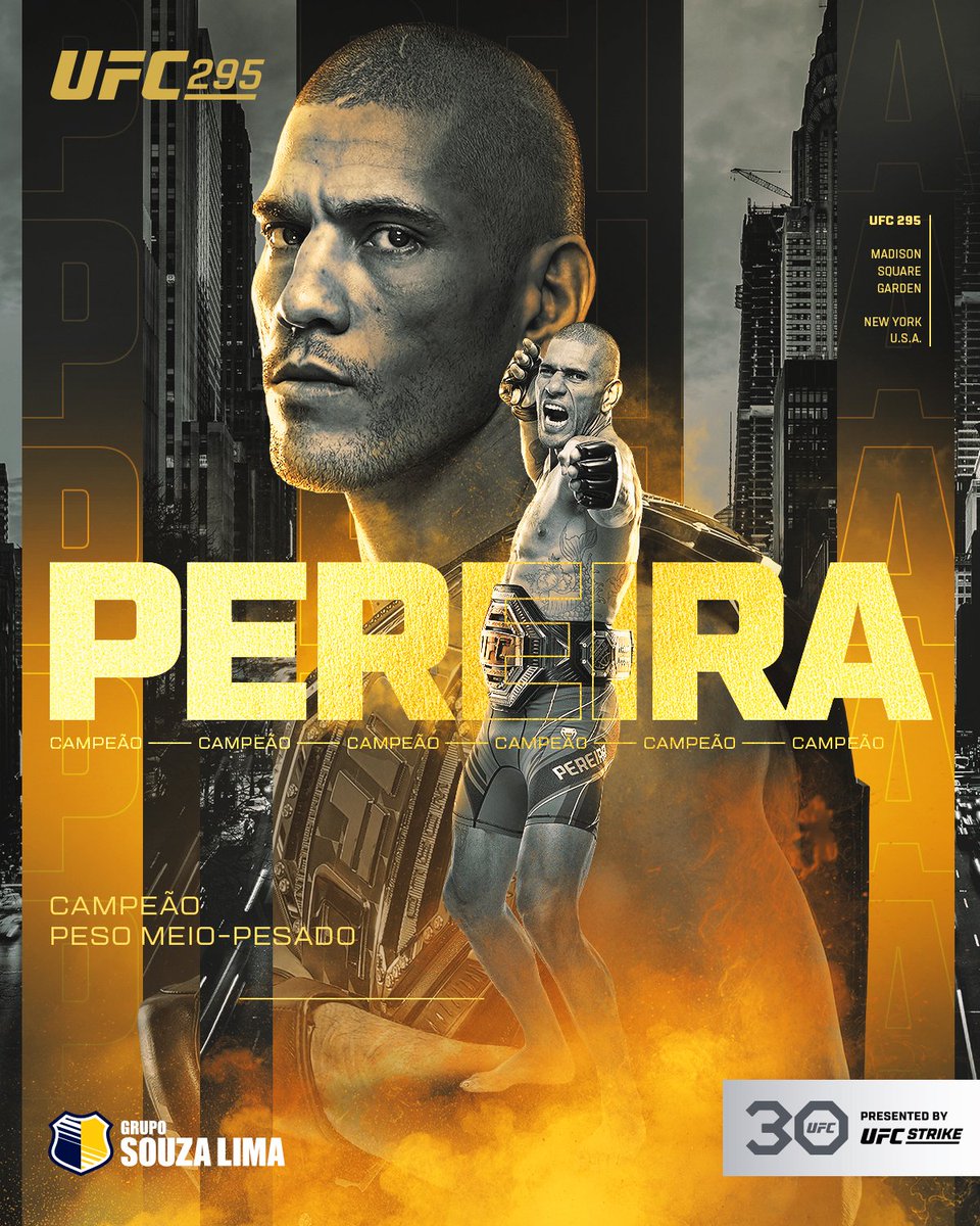 Dois cinturões do UFC em dois anos de carreira na organização. 

🇧🇷 🏆 <a href="/AlexPereiraUFC/">Alex "Poatan" Pereira</a> é gigante! 

[ Apresentado por @Grupo_SouzaLima | #UFC295 ]