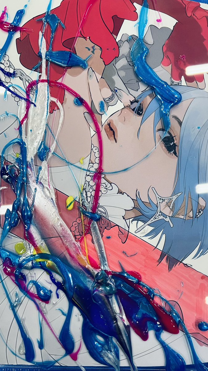 1girl solo blue hair short hair looking at viewer jewelry sideways  illustration images