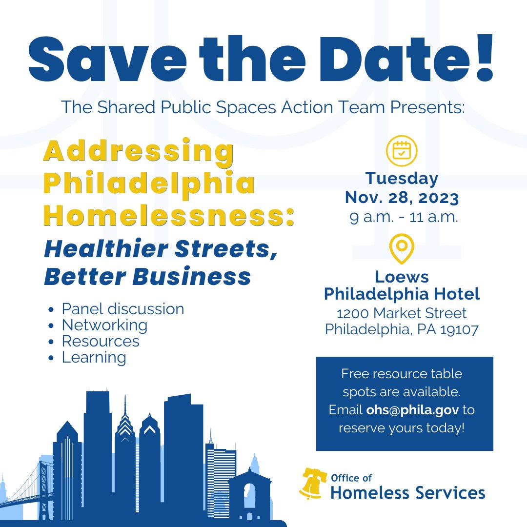 Homeless Services (@phlcityhomeless) on Twitter photo Homeless service & other providers! Reserve your resource table spot for “Addressing Philadelphia Homelessness: Healthier Streets, Better Business,” 11/28 at @LoewsPhiladelphiaHotel, 9 a.m. – 11 a.m. Email ohs@phila.gov. Homeless service & other providers! Reserve your resource table spot for “Addressing Philadelphia Homelessness: Healthier Streets, Better Business,” 11/28 at @LoewsPhiladelphiaHotel, 9 a.m. – 11 a.m. Email ohs@phila.gov.