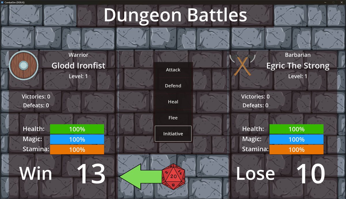 ProfitzTV's tweet image. "Initiative Roll" on a d20 in place with green winner arrow and rolls for each player (left) and enemy (right).
#GDScript #Godot4