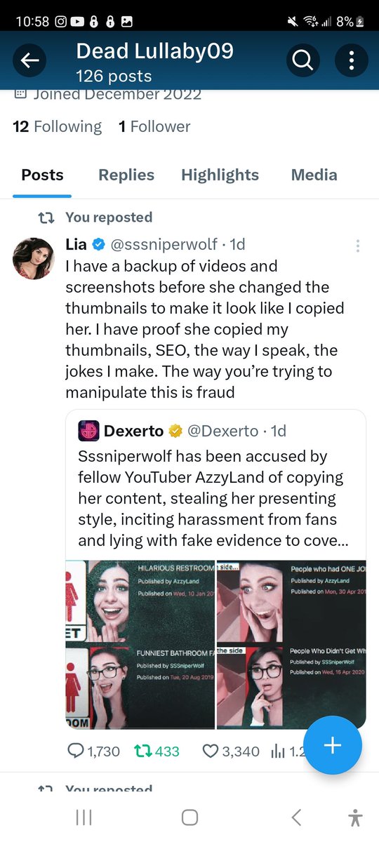 DLullaby09's tweet photo. On another episode of dragon Ball z , we got @sssniperwolf accusing @AzzyLand for stealing her supposedly creative original content. Sounds like a familiar episode where she accused jacksfilms for doing the same thing &amp; told him she'd charge him a fee. Idk what do you think? 🤡 https://t.co/1QiZ5kFJDn