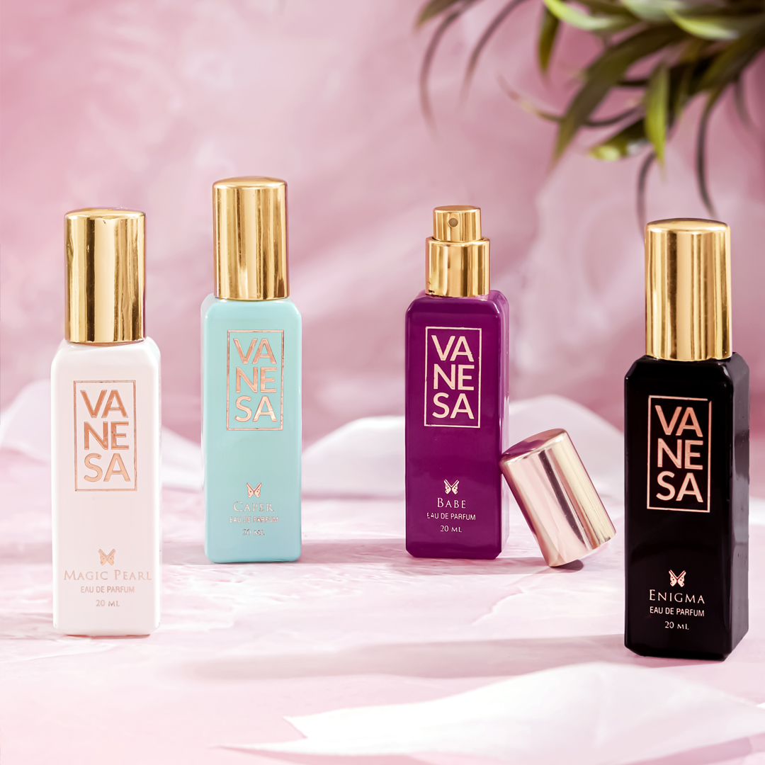 Level up your festive glam with Vanesa Perfumes! Our 20 ml bottles pack a punch of delightful fragrances, perfect for completing your festive look. #giftpacks #Gift #20Ml #20mlPerfumes #Women #EDP #Perfumes #GiftSetforDiwali #Diwali #Vanesa #VanesaBeauty #VanesaPerfumes