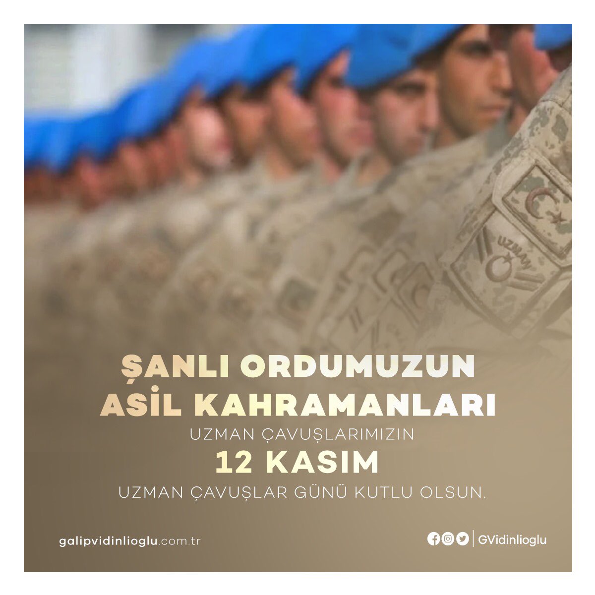 Şanlı ordumuzun asil kahramanları uzman çavuşlarımızın 12 Kasım Uzman Çavuşlar Günü'nü tebrik ediyorum. 🇹🇷

Gecesini gündüzüne katarak ülkemizin huzur ve güvenliği için memleketimizin dört bir yanında görev yapan uzman çavuşlarımıza kolaylıklar diliyorum.