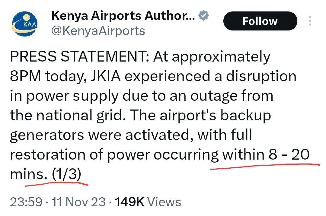 Dear @KenyaAirports: JKIA is a key air transport hub. It should be beyond our incompetence as Kenyans. ☆ Why, pray, should a sensitive facility not have have a realtime changeover switch - in a matter of seconds? Why should it take 8 to 20 minutes - an average of 14 minutes? ☆…