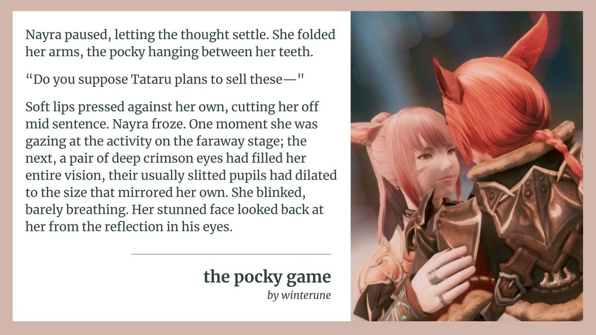 11.11 is a day of pocky. What awaits Nayra and G'raha at a festival in Kugane?

G | 2.1k 
AO3: archiveofourown.org/works/51536248
#wolgraha #grahatia #ff14