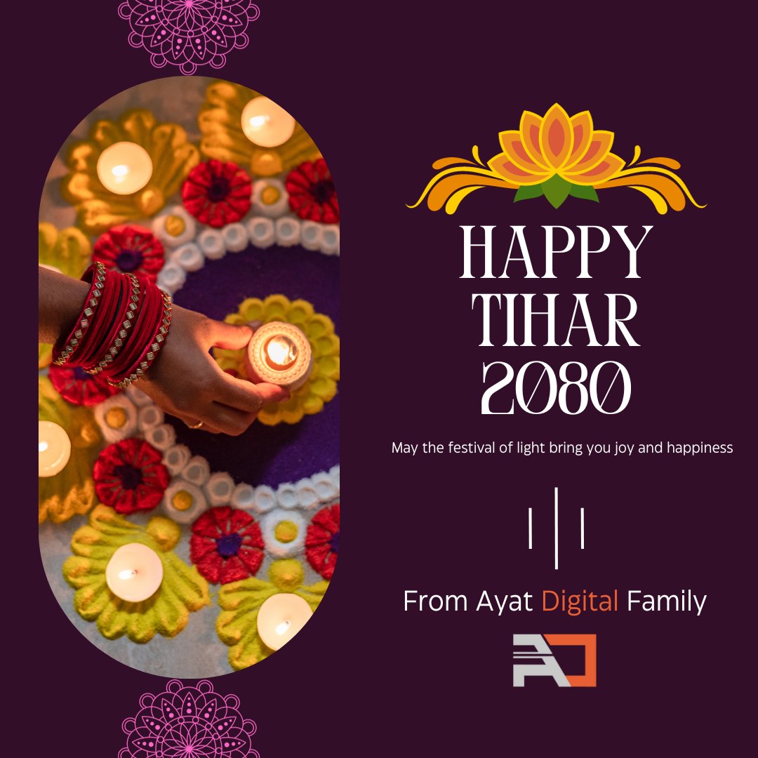 AyatDigital's tweet photo. 🪔 Happy Tihar 2080! 🌟 Wishing you joy, love, and prosperity. May your days be as bright as the festival lights. 🕯️✨
#ayatdigital #Tihar #festivalseason #FestivalOfLights #JoyfulMoments https://t.co/VTmQZpdrvG