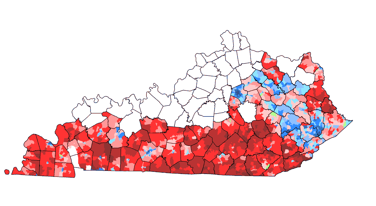 The difference between southern Kentucky and the eastern coal fields is stunningly clear

You really don't see this is Presidential/Senate races as much anymore.  But competitive races like Governor - it really stands out

#kypol #kygov
