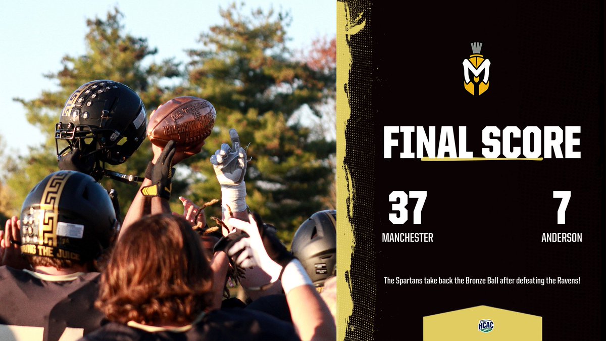 MUSpartans's tweet photo. FB: Final | Manchester 37, Anderson 7 

Spartans WIN! Manchester football dominated the rival Ravens of Anderson University to take back the coveted Bronze Ball Trophy at Spartan Stadium on Saturday afternoon!

Read: https://t.co/1N4DLyUq9k

#MUSpartans | #SpartanPride https://t.co/6gP7PL2tpp