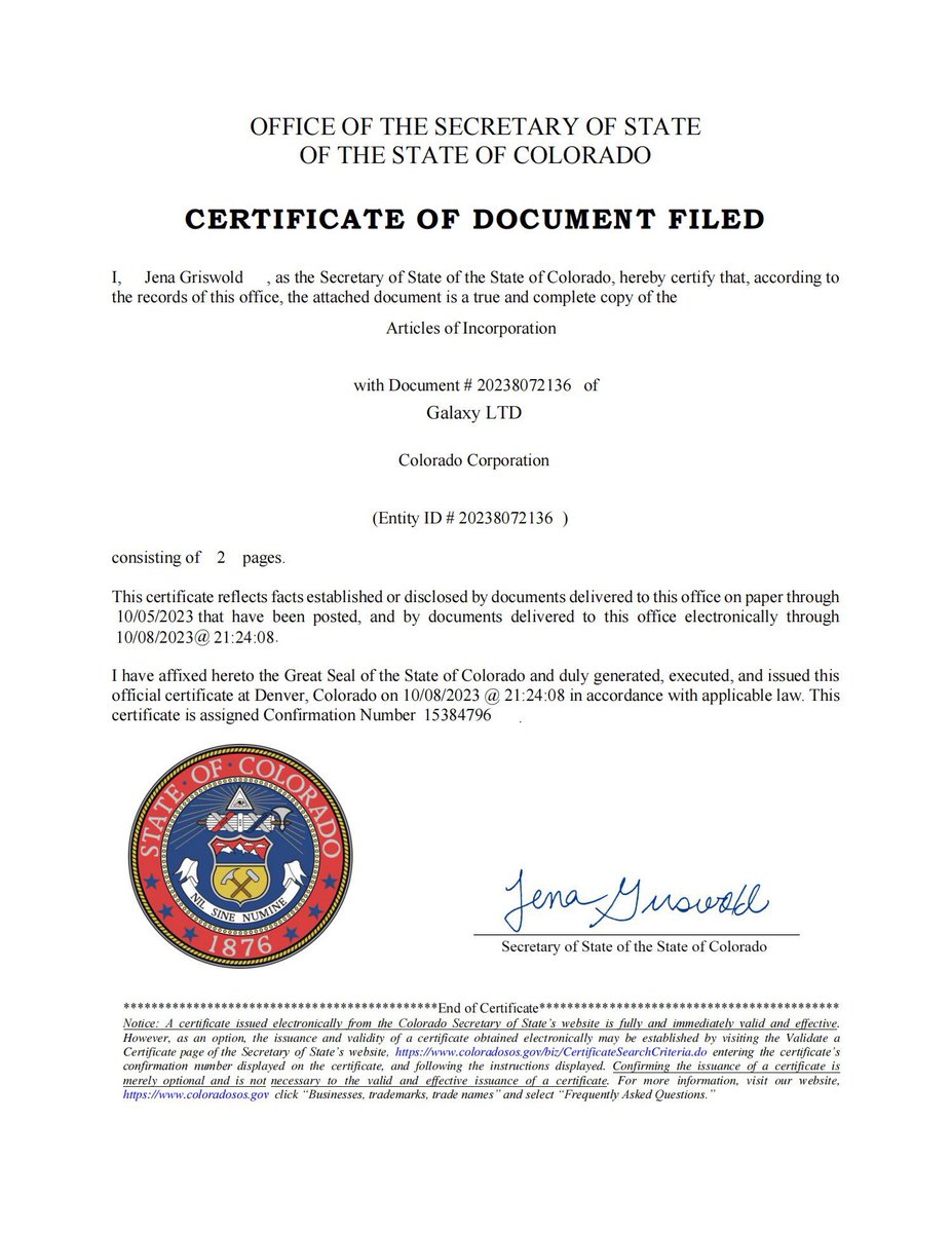 GalaxyWalletUSD's tweet photo. Official website for U.S. headquarters certificate inquiry，Enter the company registration certificate number: 20238072136, and you can check the company Gxlaxy company information on the official US website ：https://t.co/2pfpZq3UvC https://t.co/r2yccWj8uA