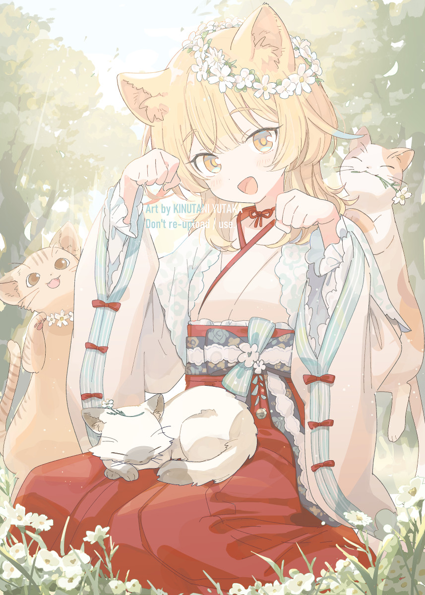 1girl animal ears cat japanese clothes blonde hair cat ears sitting  illustration images