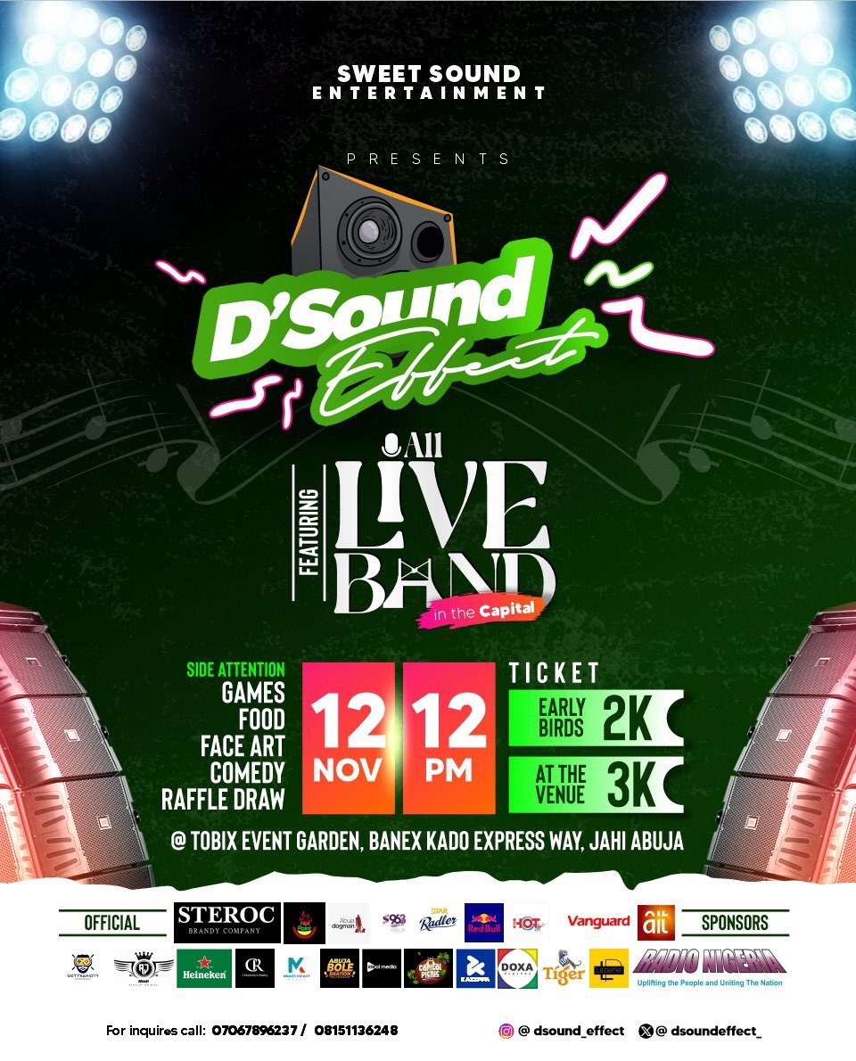 MekaWrights's tweet photo. Abuja people na here e dey happen later today, be at Tobix garden jahi Abuja, unlimited gbedu and enjoyment 🤩✨
Tickets will be available at the gate.
#DsoundEffect https://t.co/m35roJeMz9