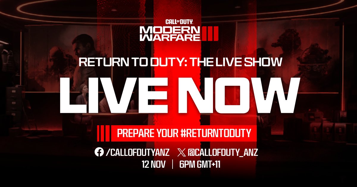 CallofDuty_ANZ's tweet photo. Extract from IRL and join @Pestily, @bajo, Jack Archdale, @Britnyellen and @Fasffy on Return To Duty: The Live Show now!
Tune in to watch their battles and gather valuable intel for your #ReturnToDuty to Modern Warfare III.
📺 https://t.co/j0ab1mtzLy https://t.co/DKvIiAp5Ls