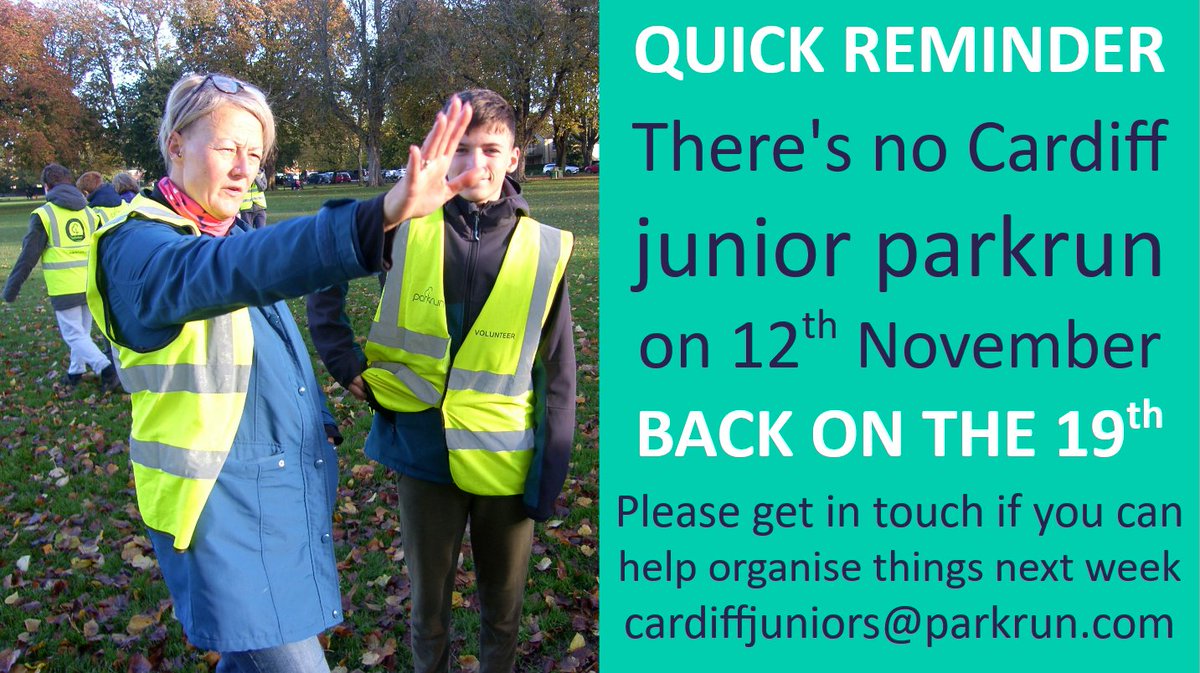 Cardiff jnr parkrun (@cardiffjnrpkrun) on Twitter photo Unfortunately there's no event this morning, so we've started to plan the next one already.
If you're up for volunteering 19/11, we'd love to hear from you.
Arrange a wristband if your junior's recently completed 11 / 21 / 50 / 100 junior parkruns.
📧cardiffjuniors@parkrun.com Unfortunately there's no event this morning, so we've started to plan the next one already.
If you're up for volunteering 19/11, we'd love to hear from you.
Arrange a wristband if your junior's recently completed 11 / 21 / 50 / 100 junior parkruns.
📧cardiffjuniors@parkrun.com