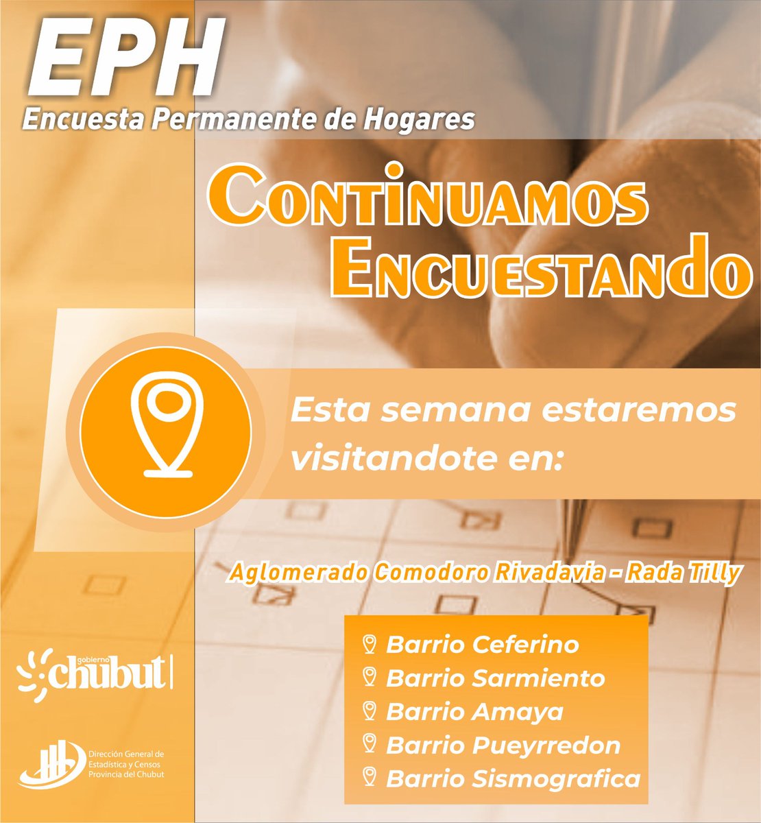 EstadisticaCH's tweet photo. #EPH Estamos encuestando

#4toTrimestre 

A partir de hoy sábado y durante una semana estaremos encuestando en el aglomerado Rawson - Trelew y Comodoro Rivadavia - Rada Tilly.

A continuación te dejamos  los barrios que estaremos visitando. 

#EstadísticaChubut

@EconomiaChubut https://t.co/WjSMUGADlC