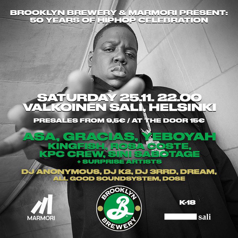 PayFresh's tweet image. Brooklyn Brewery x Marmori present: 50 Years of Hip Hop Celebration. 

Nov 25th, I will be in Helsinki, joining Paleface &amp;amp; Gracias on a panel speaking about Hip Hop culture, led by Lina Schiffer. 🙌🏽✨ 

The event will be open to public from 22:00 (10pm). Come and join us!
