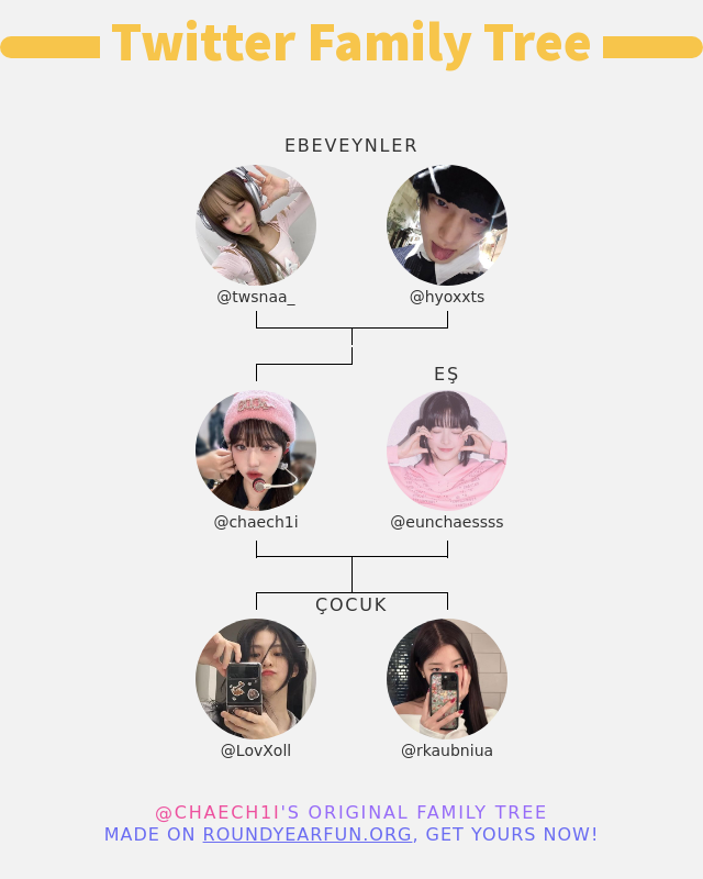 👨‍👩‍👧‍👦 Benim Twitter Aile:
👫 Ebeveynler: @twsnaa_ @hyoxxts
👰 Eş: @eunchaessss
👶 Çocuk: @LovXoll @rkaubniua

➡️ funxgames.me/twitterfamily?…