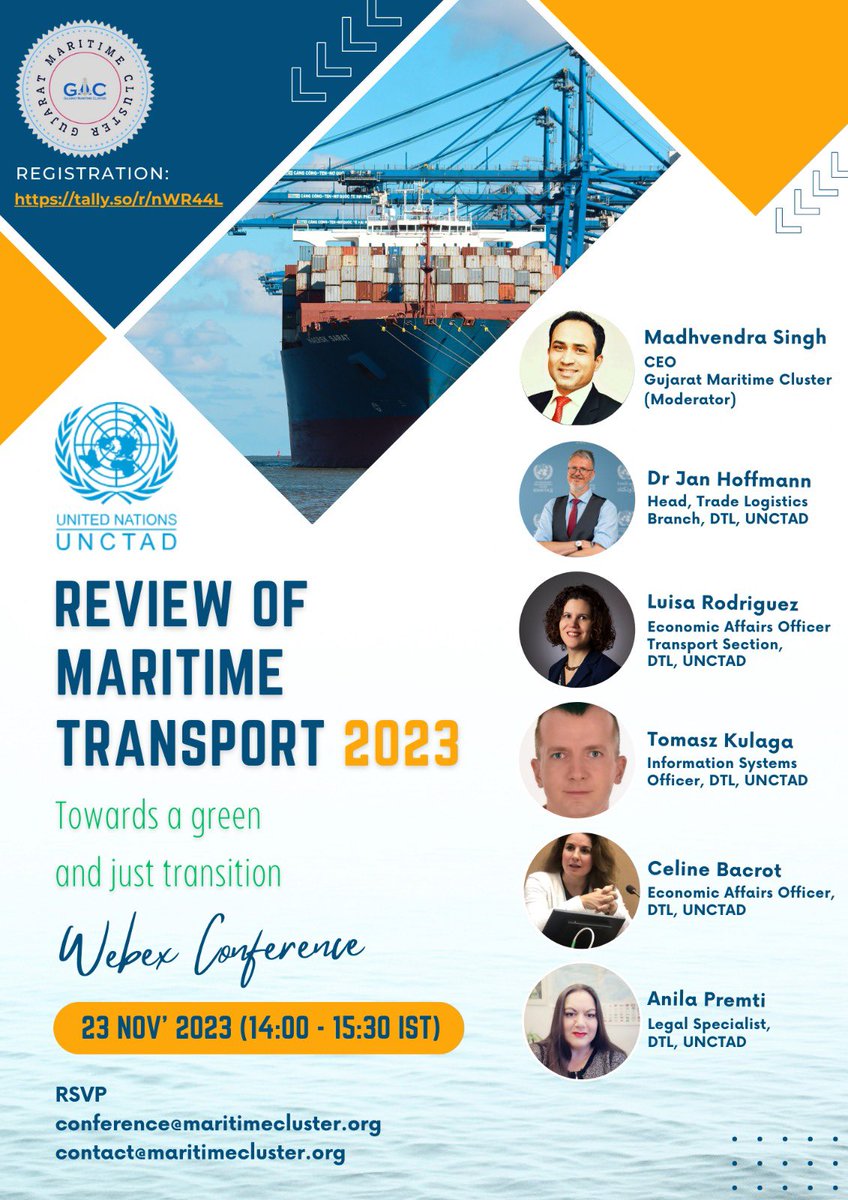 MaritimeCluster's tweet photo. Delighted to host India Conference for @UNCTADs ‘Review of Maritime Transport 2023’ on 23 Nov 23 at 2PM IST
To join register: https://t.co/3ceGXi6lMF
conference@maritimecluster.org https://t.co/1Ea0BEvMAB