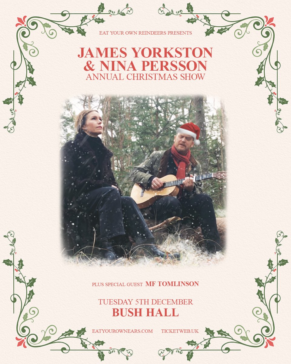 This year @jamesyorkston & Nina Persson bring us a wonderful Christmas gift of song & merriment 🎅 🎄🦌❄️ @Bushhallmusic ‘Masterful and enchanting word play intertwine to bold dramatic effect…’ @ClashMagazine King elf 🧝‍♂️@MF_Tomlinson supports eatyourownears.com/james-yorkston…