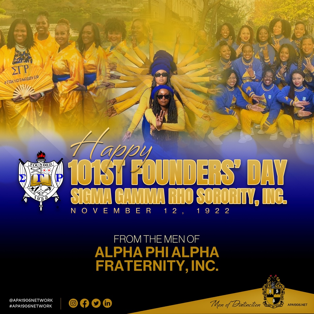 apa1906NETwork's tweet image. Alpha Phi Alpha Fraternity, Inc. wishes the ladies of Sigma Gamma Rho Sorority, Inc. a Happy Founders’ Day!

#APA1906Network #SigmaGammaRho #NPHC