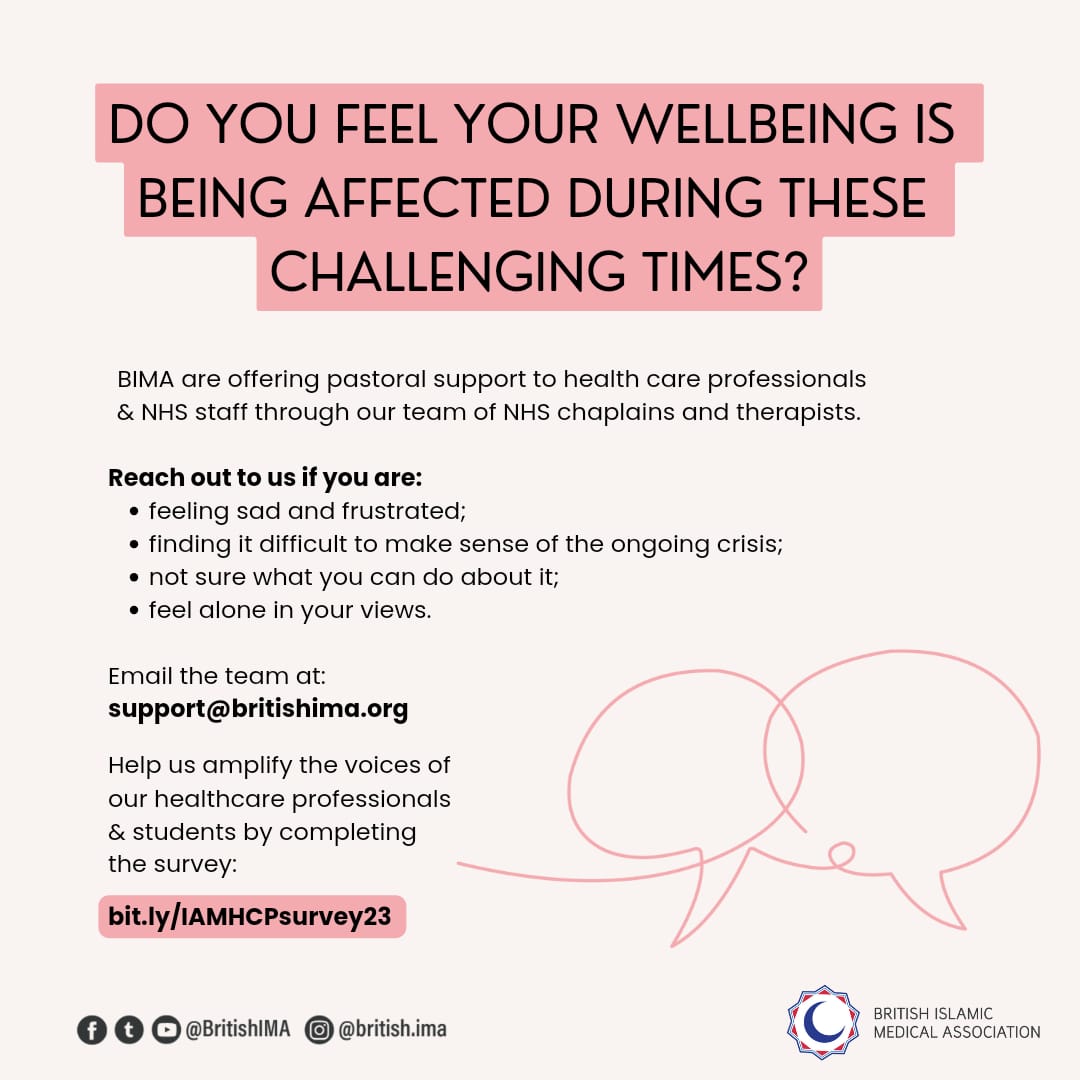 BIMA offers pastoral support to healthcare professionals &amp; NHS staff through team of NHS chaplains &amp; therapists. 

Reach out to us if you are:
feeling sad/frustrated;
finding it difficult to make sense of the ongoing crisis;
feel alone in your views.

✉️ support@britishima.org