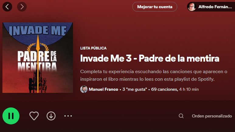 alfredoferlopi's tweet photo. Leyendo un ratito Invade me Padre de la mentira, de @Manu_franco , con la música que inspiró o aparece en el libro. Mola mazo. https://t.co/tbh7wC43hN