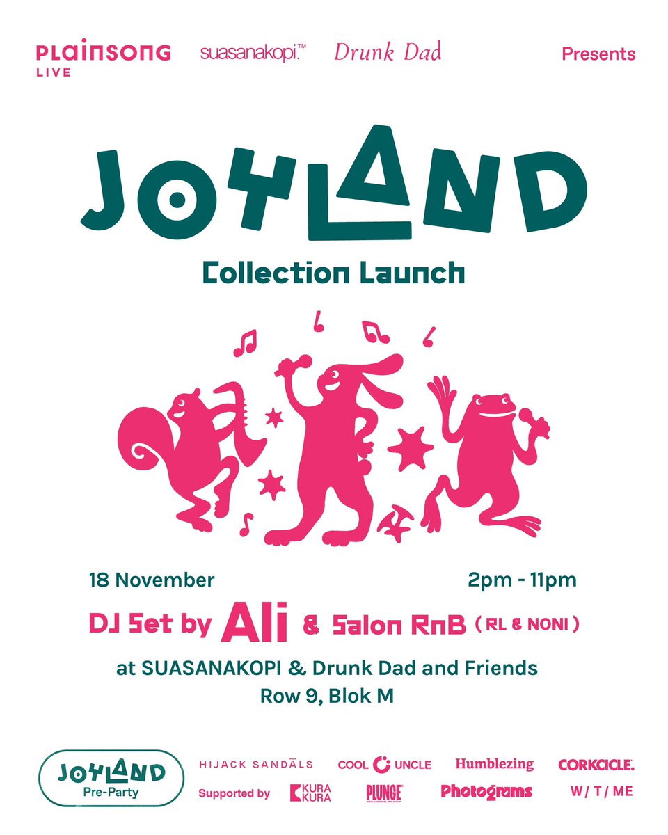 <a href="/suasanakopi/">suasanakopi</a> A launch party for our official #JoylandFestJKT23 merchandise, as well as exclusive collaborations with  #DrunkDad <a href="/hijacksandals/">Hijack Sandals</a> #CoolUncle <a href="/humblezing/">Humblezing</a> and #Corkcicle 🎊

Atmosphere will be electrified by the soulful tunes of #ALI and #SALONRNB DJ sets ✨ 

See you there!