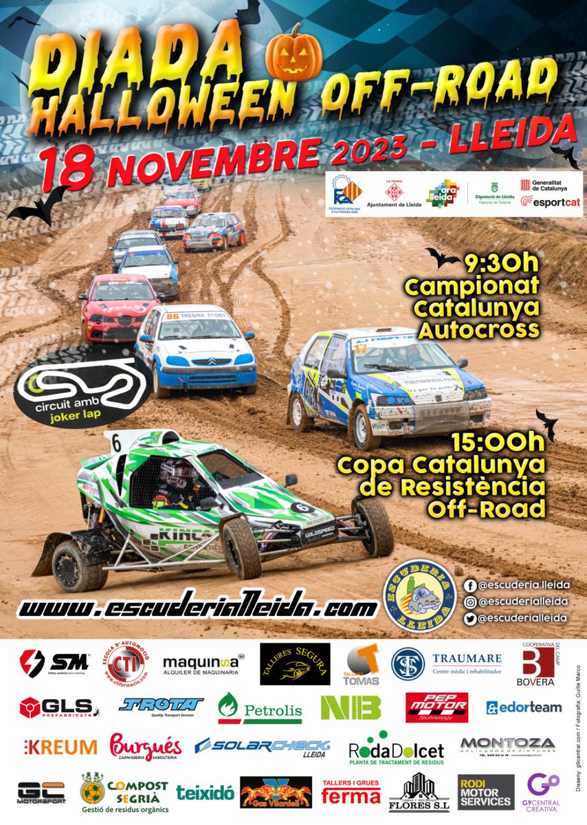DIADA Halloween Off-Road LLEIDA
18 noviembre 2023
Circuit de Lleida
Autocross |  Resistencia
Info e inscripciones: escuderialleida.com
<a href="/fcautomobilisme/">F.C. AUTOMOBILISME</a>
<a href="/esportslleida/">LLEIDA.COM Esports</a>
@ajuntamentdelleida
<a href="/diputaciolleida/">Diputació de Lleida</a>
<a href="/aralleida/">Ara Lleida</a>
<a href="/esportcat/">Esports</a>