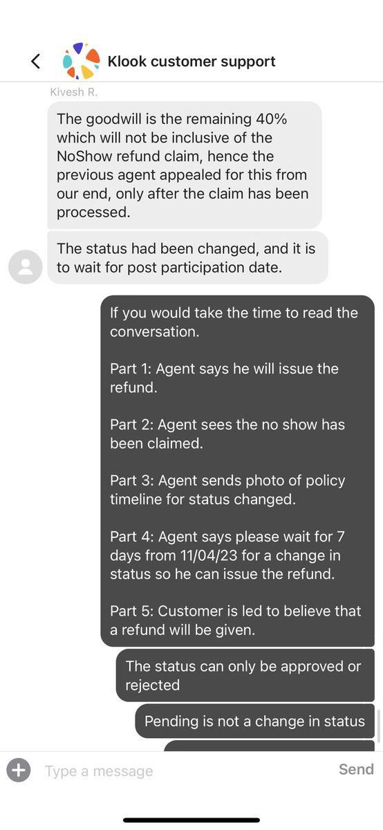 demicua's tweet photo. @KlookTravel #CustomerService #Scam2023 #Klook2023

Agent tries to twist the conversation by saying no refund promise was made. #KlookScam2023 #BadCustomerSupport https://t.co/ji0a3JvpCu