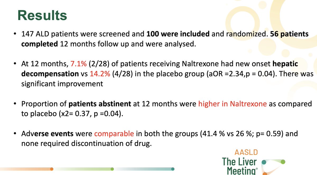 Great results from the first clinical trial testing NALTREXONE vs placebo in alcohol-related cirrhosis, today at #TLM23 :

🔸Naltrexone is well tolerated
🔸It favors abstinence
🔸It reduces by 50% new onset decompensation

<a href="/AASLDtweets/">AASLD</a> #livertwitter #MedTwitter <a href="/ILBS_India/">ILBS_University</a>