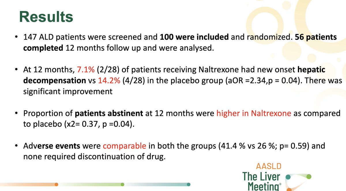 Great results from the first clinical trial testing NALTREXONE vs placebo in alcohol-related cirrhosis, today at #TLM23 : 🔸Naltrexone is well tolerated 🔸It favors abstinence 🔸It reduces by 50% new onset decompensation @AASLDtweets #livertwitter #MedTwitter @ILBS_India