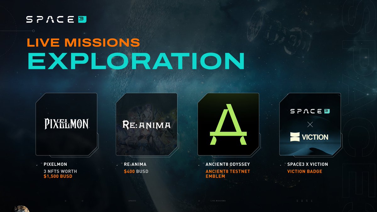 Weekly LIVE MISSIONS on #Space3 are calling! Here's your passport to excitement 👇  

<a href="/Pixelmon/">Pixelmon 🔺</a> 
💰 Reward: 3 Pixelmon Trainers NFTs worth $1,500 BUSD  

<a href="/ReAnimaGame/">Re:Anima</a> 
💰 Reward: $400 BUSD   

Space3 x <a href="/BuildOnViction/">Viction</a>    
💰 Reward: Viction Badge  

<a href="/Ancient8_gg/">Ancient8 (🎮,🟢)</a> Odyssey  
💰
