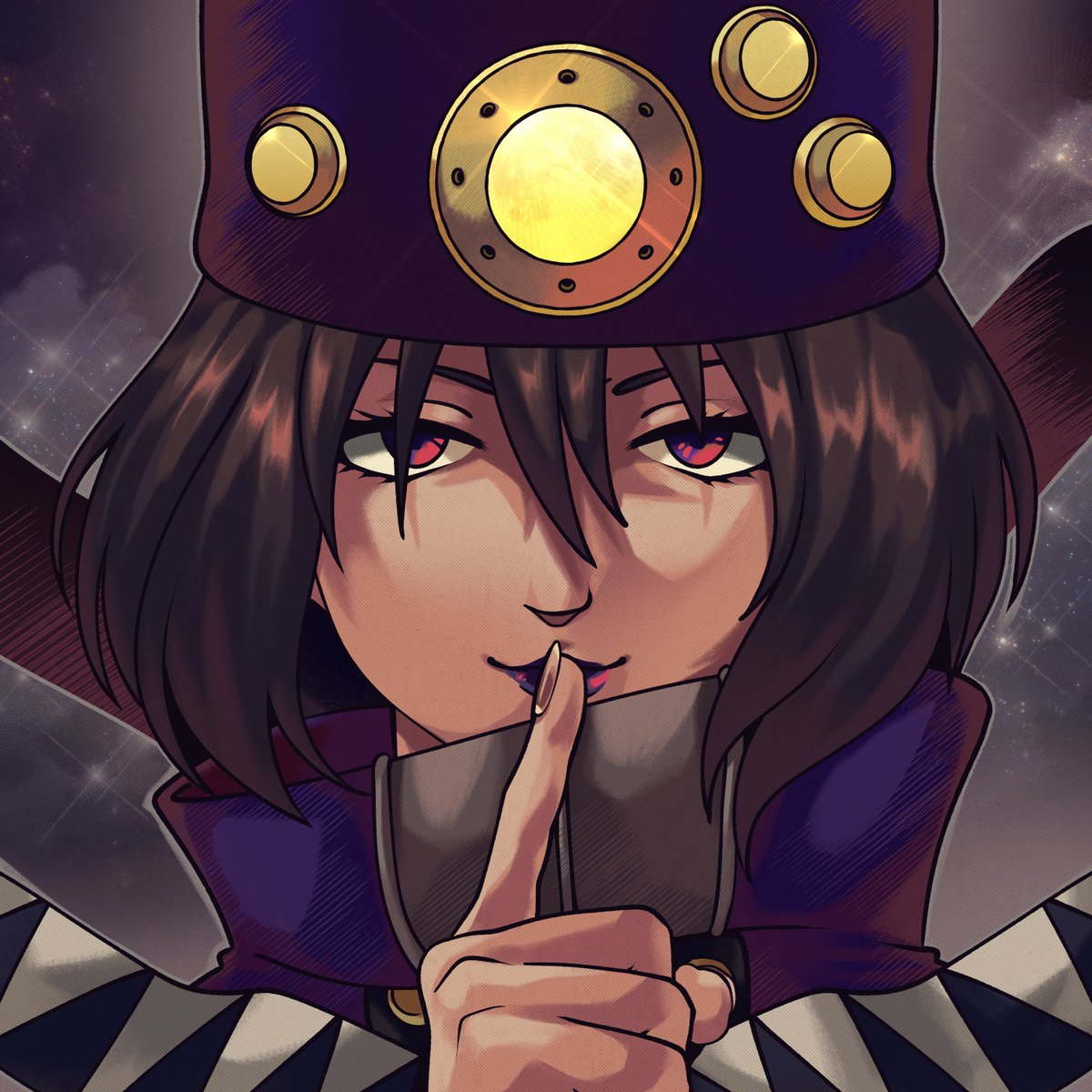 solo 1girl hat finger to mouth looking at viewer brown hair red eyes  illustration images