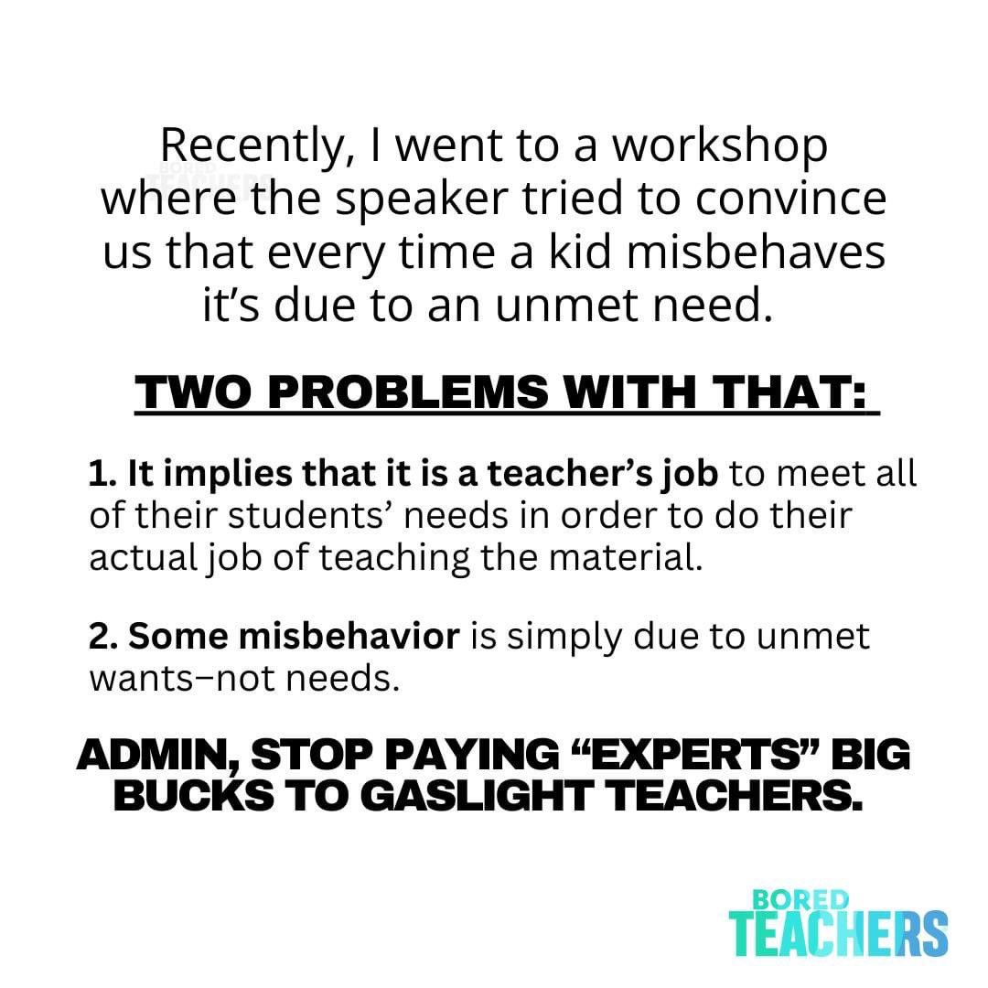 jonbhunt's tweet photo. Interesting thought for this morning: I can see &amp; have seen both sides of this…not all behaviors are unmet need, while some are.  Bottom line: teachers need support to help students with unmet needs. Especially for the ones we aren’t  trained or qualified to meet. https://t.co/vd4YFVp9nZ