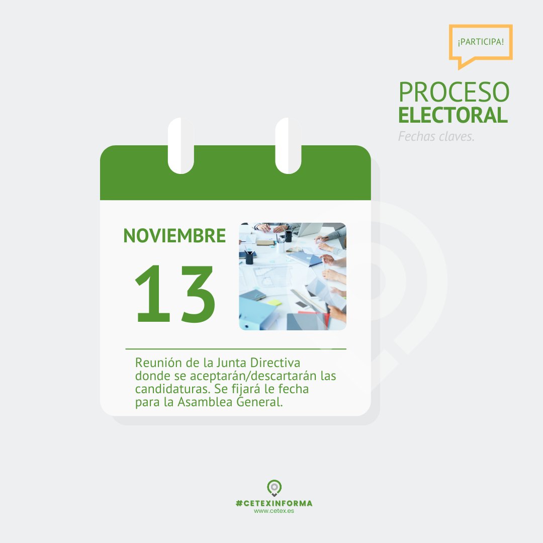 #CetexInforma 🗳️Fechas claves del Proceso electoral CETEX 2023.
Recordamos que mañana, 13 de noviembre, se reunirá la Junta Directiva para aceptar/descartar las candidaturas; y fijar la fecha para la Asamblea General.
#representatividadsectorial #procesocensoelectoral #elecciones