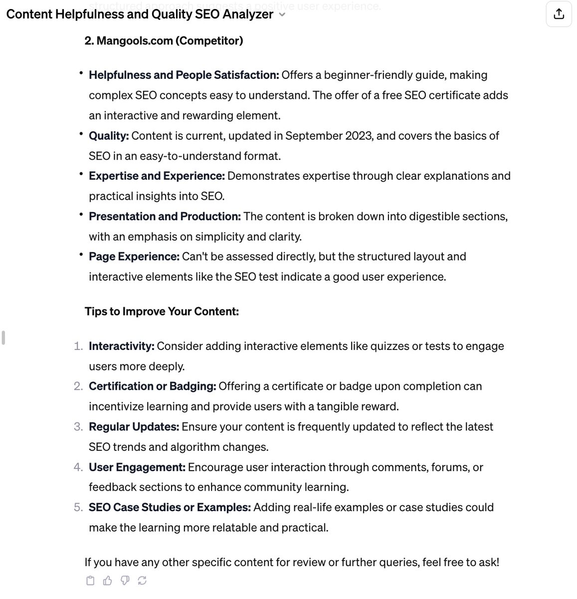 aleyda's tweet photo. Two SEO GPTs I've created for assessment + learning 👀👇

1. Content Helpfulness and Quality SEO Analyzer: Assess a page content helpfulness, relevance, and quality for your targeted query based on Google's guidelines vs your competitors and get tips: 

https://t.co/LsoP2UhF4N https://t.co/O77MHiqwOq