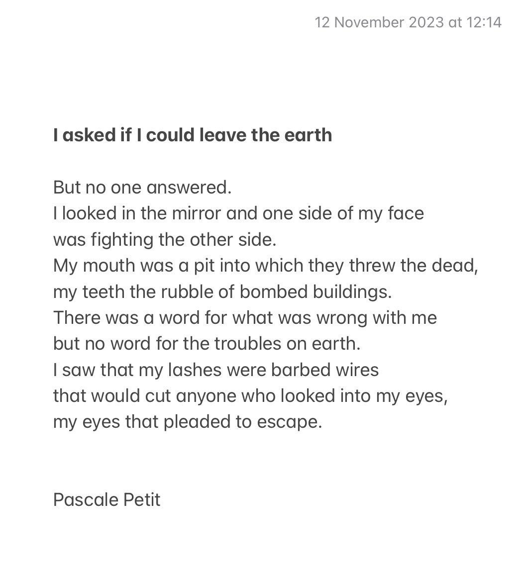 Written this morning, 12 November 2023, ‘I asked if I could leave the earth’