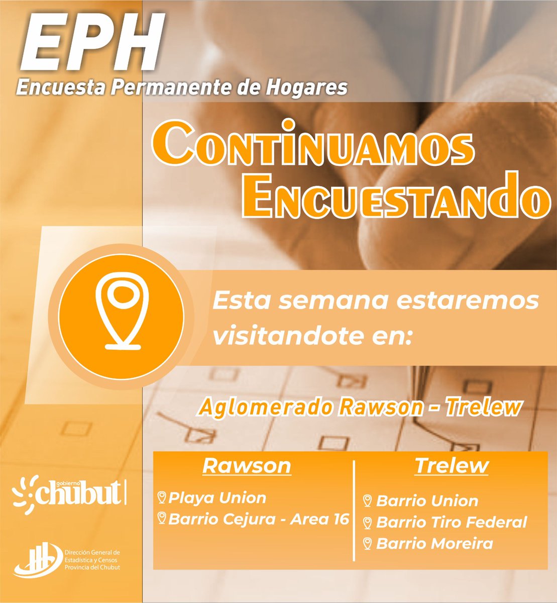 EstadisticaCH's tweet photo. #EPH Estamos encuestando

#4toTrimestre 

A partir de hoy sábado y durante una semana estaremos encuestando en el aglomerado Rawson - Trelew y Comodoro Rivadavia - Rada Tilly.

A continuación te dejamos  los barrios que estaremos visitando. 

#EstadísticaChubut

@EconomiaChubut https://t.co/WjSMUGADlC