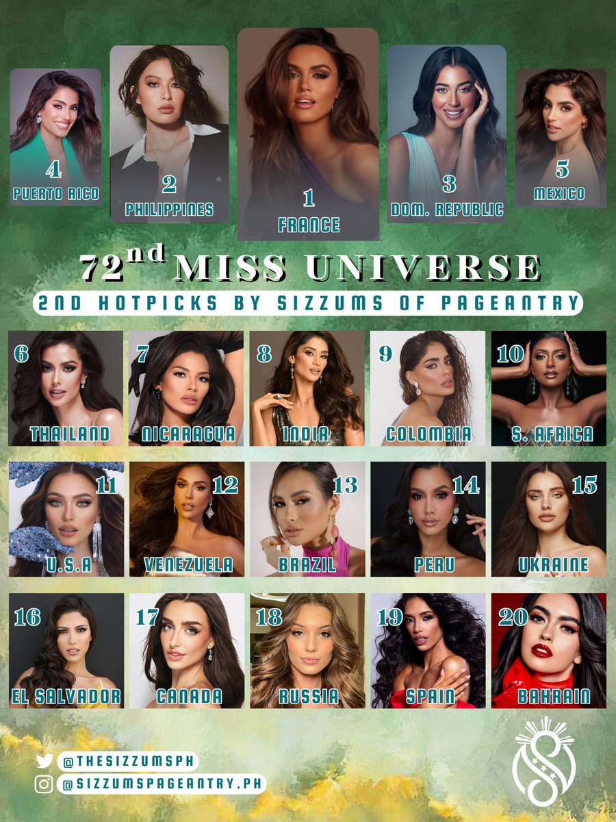 TheSizzumsPH's tweet photo. Who’s In, Who’s Out?✨

As the Preliminaries and the Finale approaches, we present to you, Sizzums of Pageantry 2nd Hotpicks! 👑💫

Who will be the next Transformational Leader who will wear the crown?

Your thoughts?

#SizzumsOfPageantry 
#MissUniverse2023
#72ndMissUniverse https://t.co/gVcof6CkAq